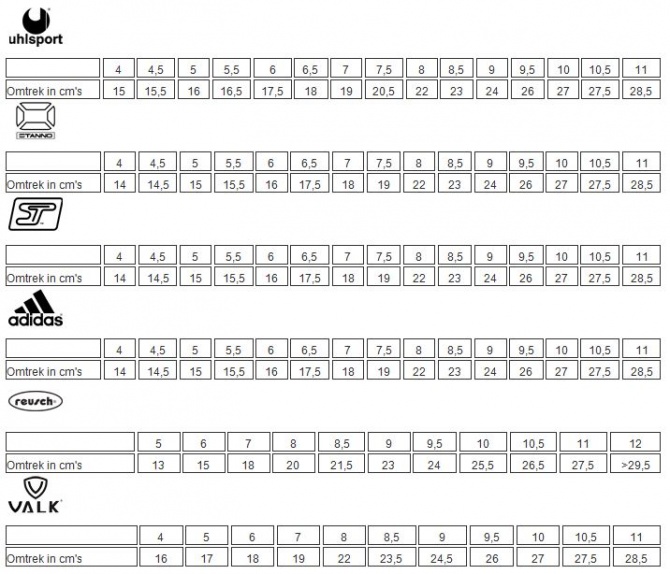 maattabel adidas schoenen